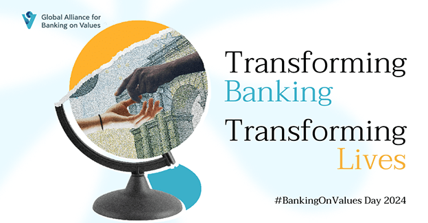 Känslan är förändring (två händer som sträcker sig efter varandra) och texten i bilden är: Transforming Banking. Transforming Lives.