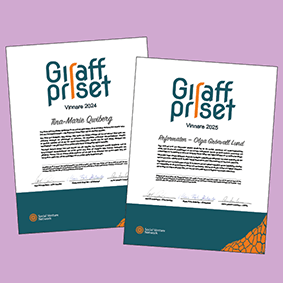 Diplomen med vinnarmotiveringar och namn på vinnarna av Giraffpriset (2024+2025)